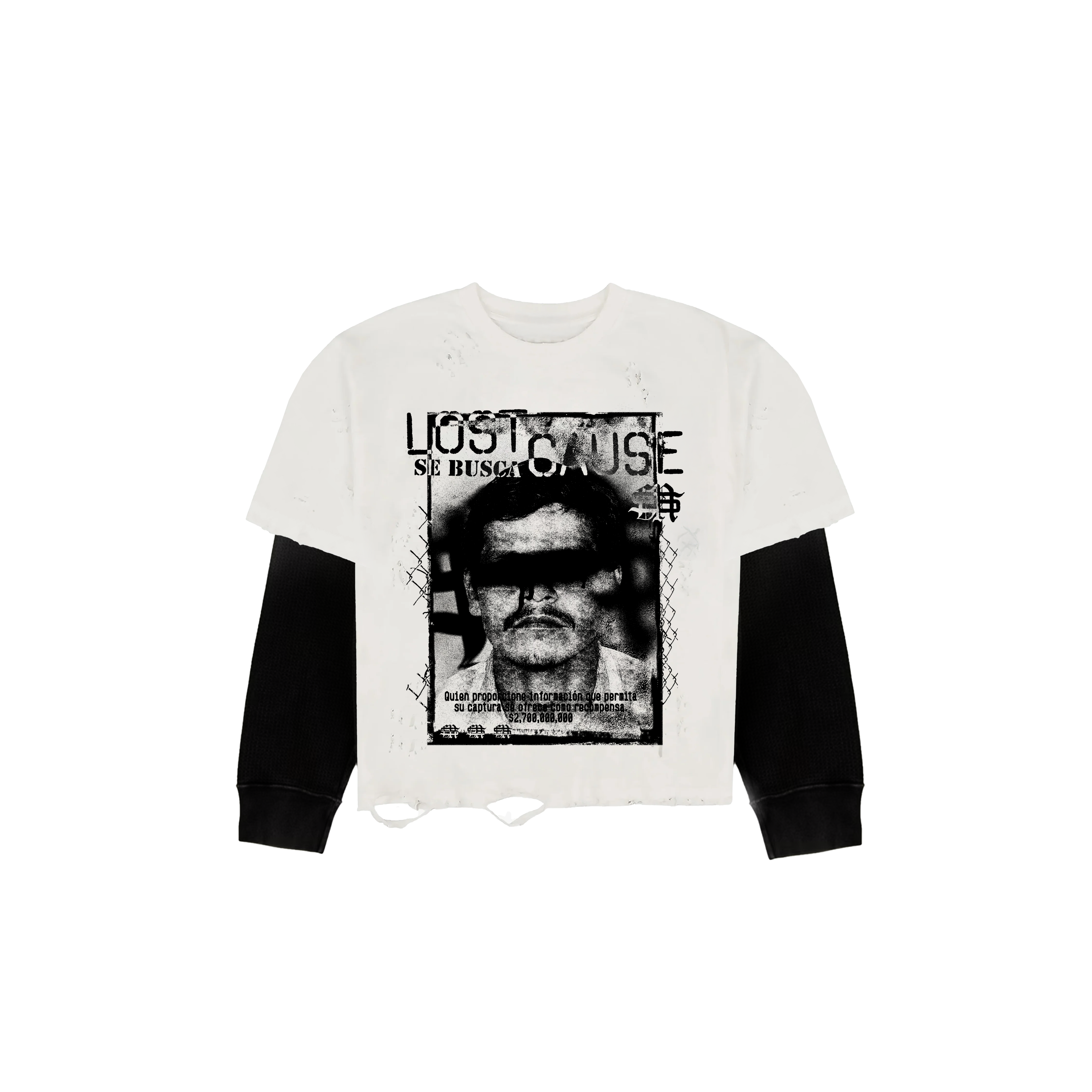 LOSTCAUSE “WANTED” DOUBLE LAYER T-SHIRT : WHITE/BLACK